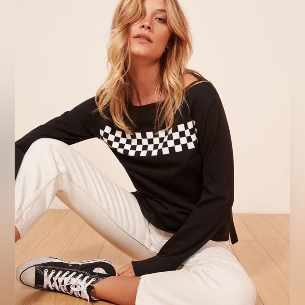 REFORMATION Forina Checker Boat Neck Long Sleeve Top in Black